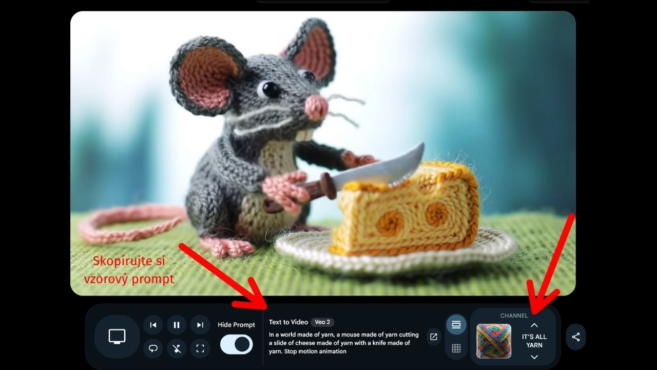 Ukážka, kde pri videu vo Flow TV nájdete a skopírujete prompt
