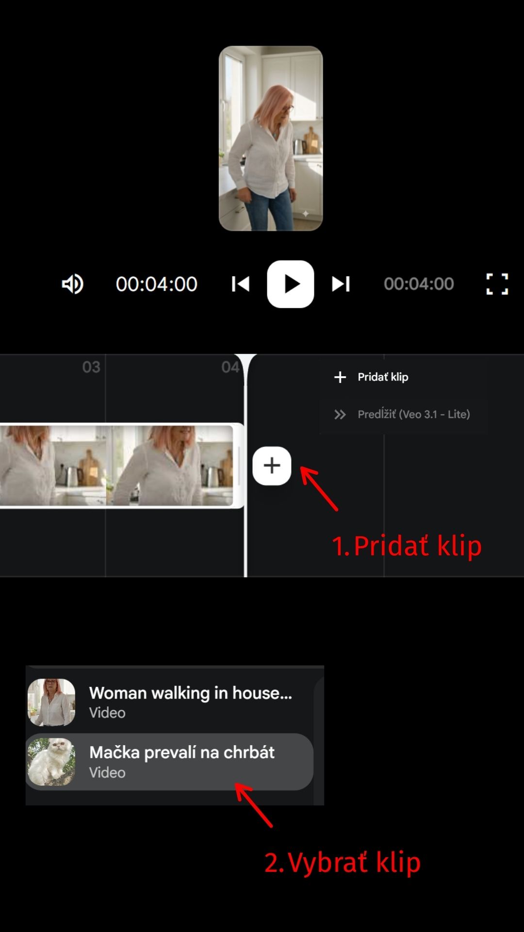 Výber druhého klipu a jeho pridanie do scény vo Flow
