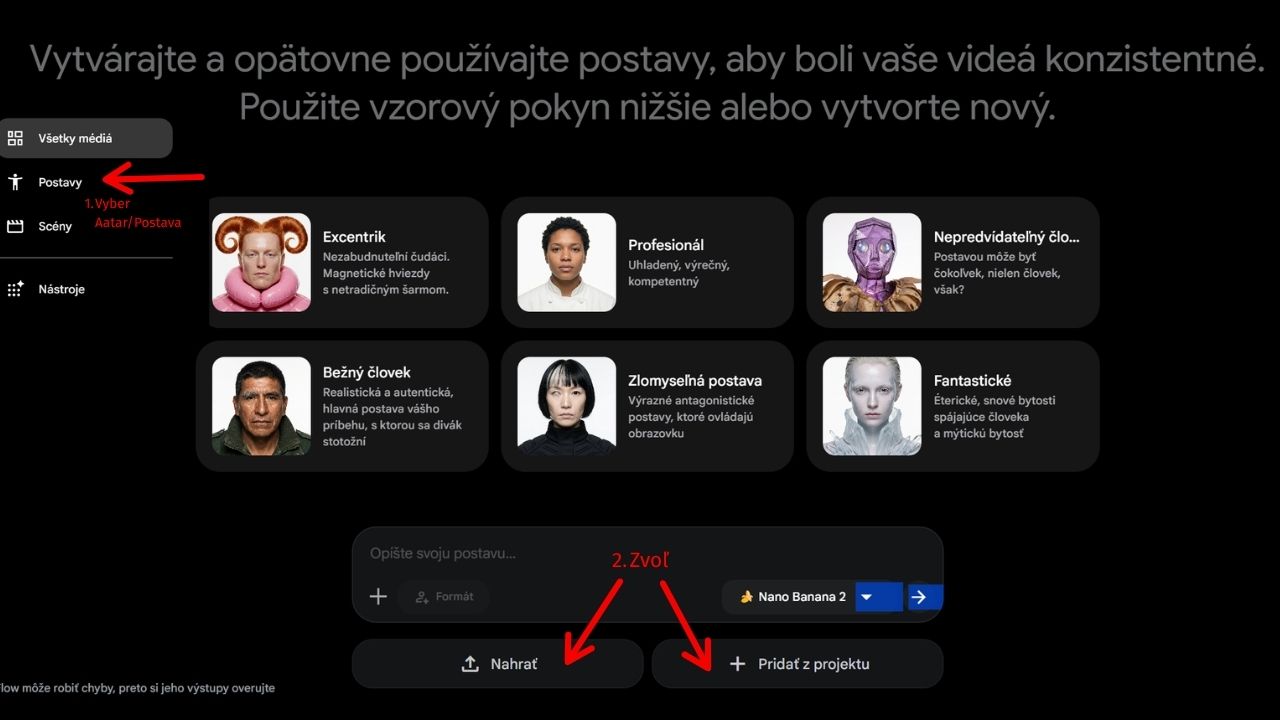Vytvorenie avatara vo Flow — nahranie referenčného obrázka alebo výber z existujúcich