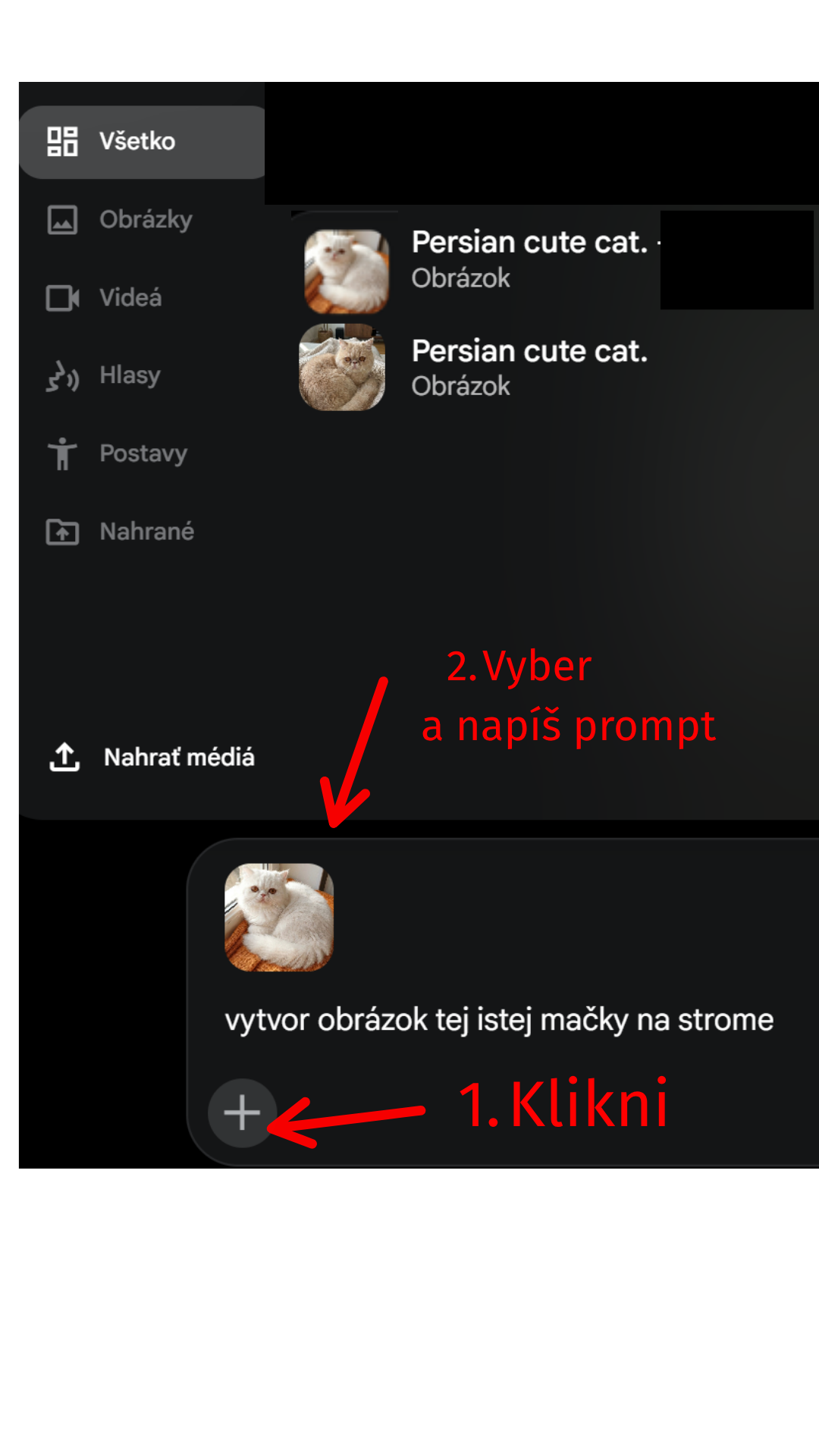 Pridanie obrázka mačky ako referencie a zadanie „tá istá mačka na strome“ vo Flow