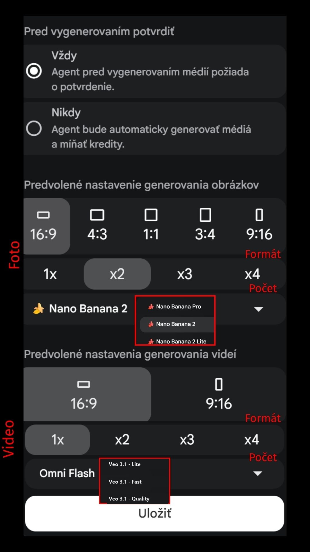 Menu nastavení Flow: formát, počet výstupov a model zvlášť pre obrázky a pre video