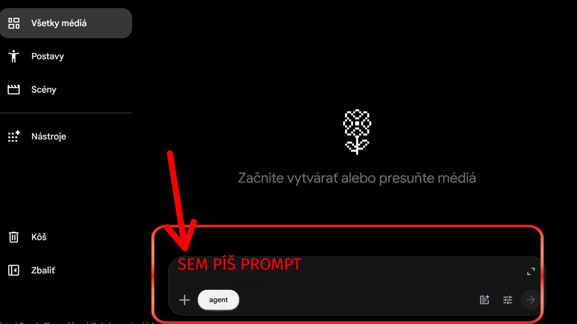 Rozhranie Google Flow so zvýrazneným prompt boxom dole
