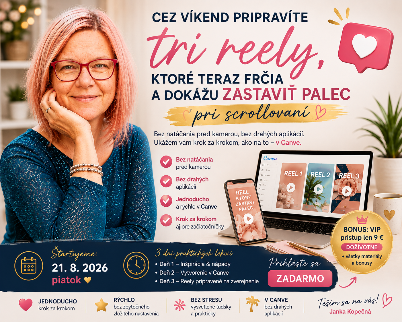 Tri aktuálne štýly reels urobíte do 7 minút a natáčať nemusíte — bezplatná výzva, Janka Kopečná