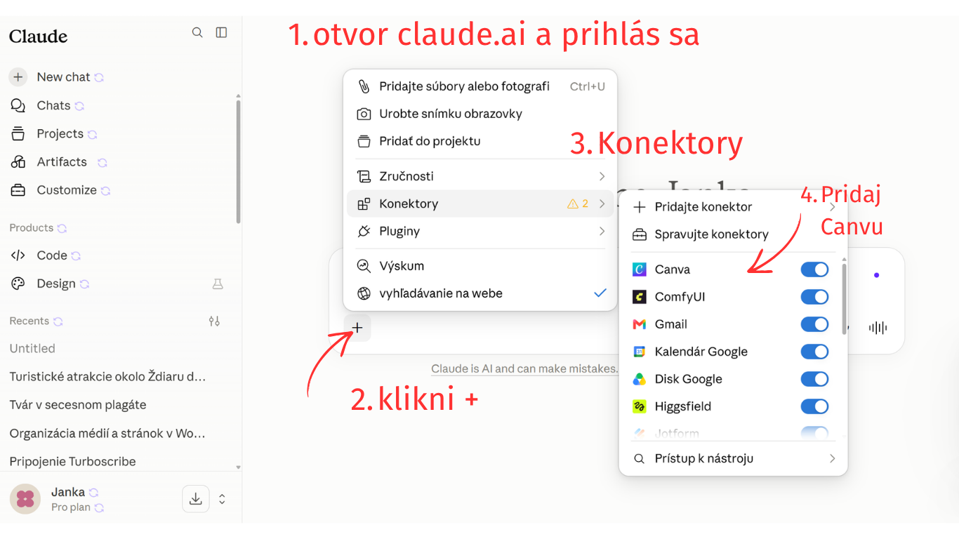 Ako v Claude pripojiť Canvu cez ikonku plus a Konektory