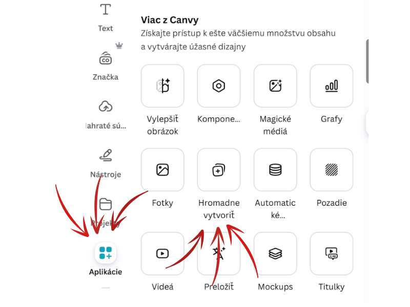 Panel Aplikácie v Canve s vyznačenou dlaždicou Hromadne vytvoriť