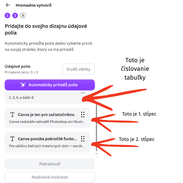 Panel Údajové polia so zoznamom stĺpcov z tabuľky