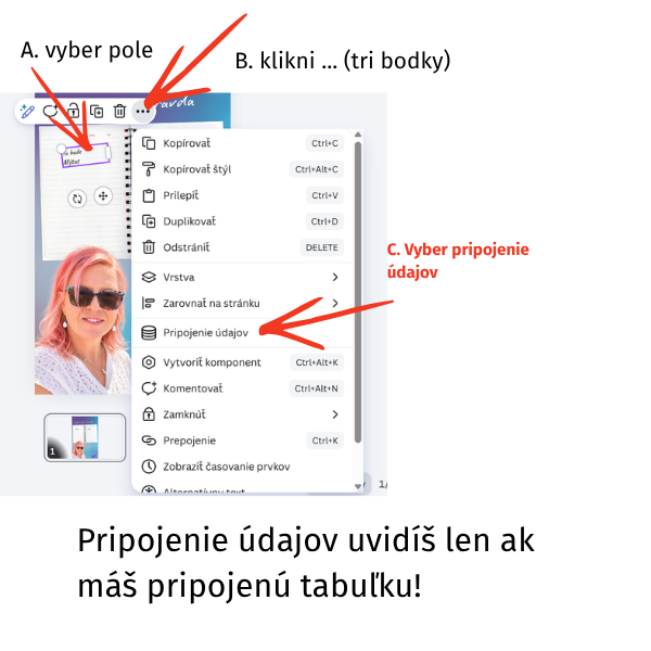 Kontextové menu s možnosťou Prepojenie údajov