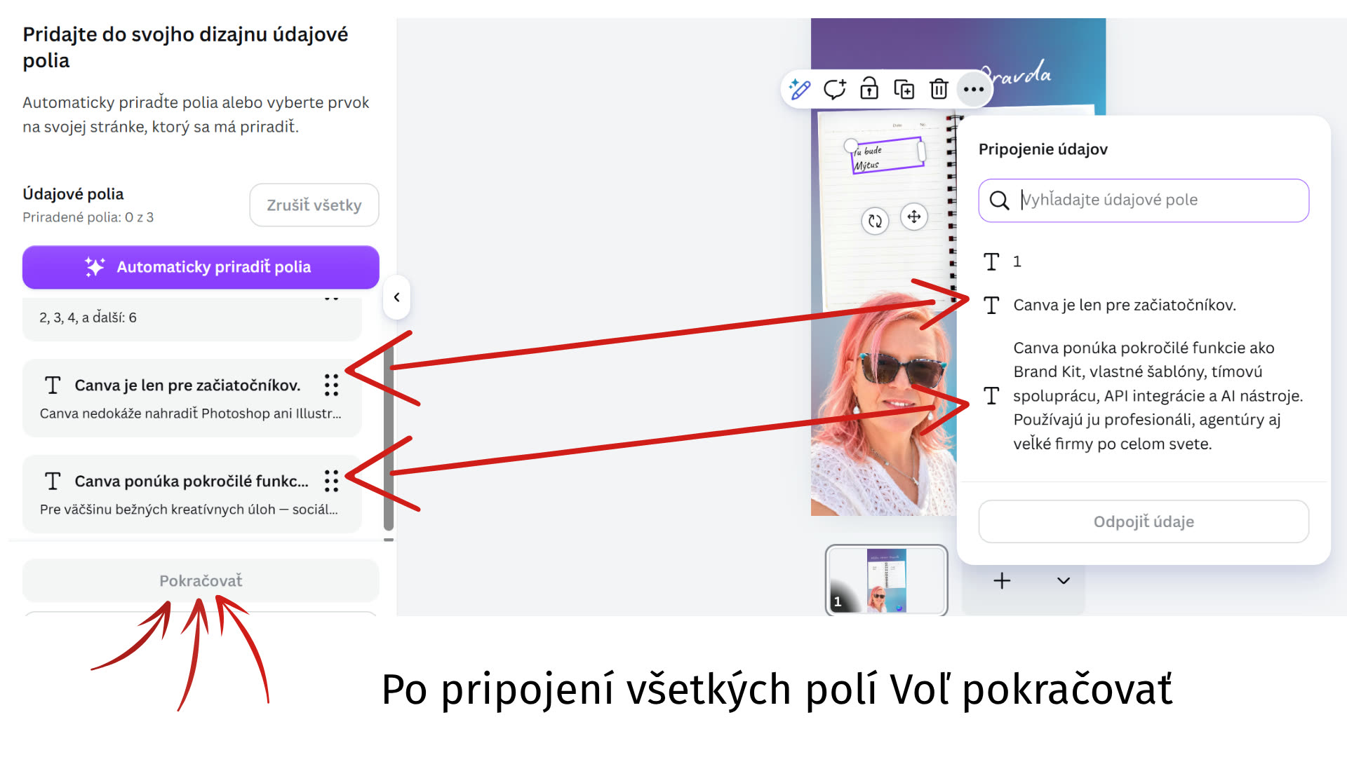 Prepojené údajové polia a tlačidlo Pokračovať