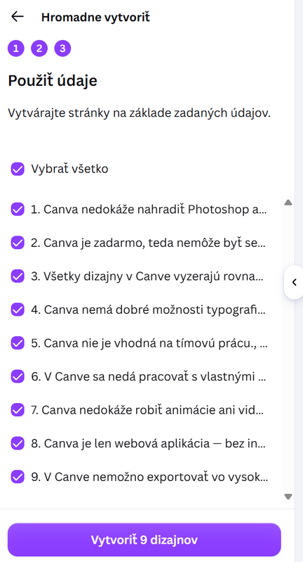 Zoznam riadkov s prepínačmi a tlačidlo Vytvoriť 9 dizajnov
